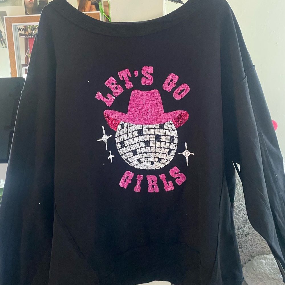 MOD boutique clothing “let’s go girls” sparky sequence pink cowgirl sweatshirt.